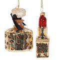 Christbaumschmuck-Set Parfumflakon und Lippenstift aus Glas mit Leopardenmuster 11 cm 2-teilig | Floristik24.at
