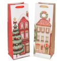 Floristik24 Geschenktasche für Flaschen, Set 2 Stück, 36 cm, Weihnachtsmotive, Haus und Tannenbaum