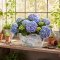 Blumenschale oval Metall mit Griffen 32×15×15cm Hortensien-Print Weiß Blau | Floristik24.at