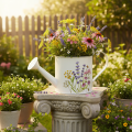 Weiße Metall-Gießkanne mit Blumenmotiv 30×13,5×12,5cm für Deko und Bepflanzung | Floristik24.at
