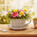 Korb-Tasse mit Unterteller, Weide, Weiß-Grau, 34cm | Floristik24.at