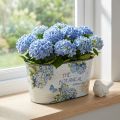 Blumenschale oval Kunststoff Hortensien-Motiv 21,5×12,5×11cm Weiß Blau Creme Grün | Floristik24.at