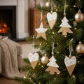 Weihnachtsschmuck Holz Weiß Gold Stern Baum Herz Anhänger 6er Set 6,5-7cm | Floristik24.at
