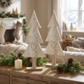 Tannenbaum-Dekoration Filz Creme Beige 35cm mit Holzsockel 2er-Set | Floristik24.at