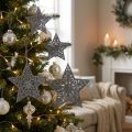 Weihnachtsstern aus Holz mit silberner Glitzer-Oberfläche, 3 Größen, 9-teiliges Set | Floristik24.at