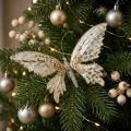 Schmetterling-Deko-Clip aus Polyresin und Papier, Creme mit Goldmuster, L16cm B13cm | Floristik24.at