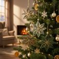 Papiersterne 10 cm Weiß, Braun, Grün mit Holzperle und Aufhänger – Christbaumschmuck 6 Stück | Floristik24.at
