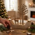 Teelichthalter aus Holz und Metall mit Hirschmotiv, 23,5 cm, Natur, Gold und Braun | Floristik24.at