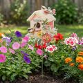 Gartenstecker aus Metall mit Vogelhaus und Blumenmotiv, Grün, Bunt, 76,5cm | Floristik24.at