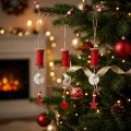 Weihnachtsschmuck zum Hängen aus Holz und Naturbast Rot 39cm 4er-Set mit Herz und Stern | Floristik24.at