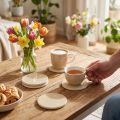 Tischuntersetzer Keramik mit Vogel- und Blumenmotiv Ø11cm Beige-Braun 6er Set | Floristik24.at