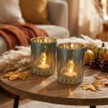 Deko-Windlicht aus Glas mit Gräsermotiv, Gold und Blau, 12,5 cm, 2er-Set | Floristik24.at