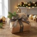 Geschenkband Polyester Braun Gold mit Tannenstern-Motiv 25mm x 15m | Floristik24.at