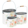 Floristik24 Pflanzeimer oval Metall 26/22/17 cm Blumenmotiv Weiß-Türkis 3er-Set