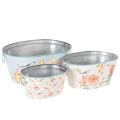 Floristik24 Pflanzschalen Set oval aus Metall mit Blumen- und Vogelmotiven, 3 Stück, 39/31/24,5 cm