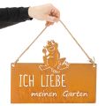 Schild aus Metall mit Frosch-Motiv und Gartenspruch in Edelrostoptik, 38cm | Floristik24.at