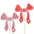 Floristik24 Deko-Schleife aus Holz auf Blumenstecker 32 cm, 12 Stück, Rot und Rosa