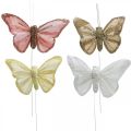 Floristik24 Schmetterlinge mit Glimmer, Hochzeitsdeko, Dekostecker, Federschmetterling Gelb, Beige, Rosa, Weiß 9,5×12,5cm 12St