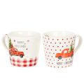 Floristik24 Weihnachtstasse aus Keramik mit Auto- und Tannenbaum-Motiv 10 cm Weiß-Rot 2er-Set