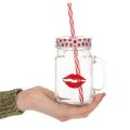 Trinkglas aus Glas mit Henkel, Deckel und Strohhalm, 7x13,5 cm, rot-weiß gepunktet | Floristik24.at
