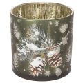 Floristik24 Windlicht Glas 15cm Grün Gold mit Tannenzapfen- und Schneeflockenmotiv