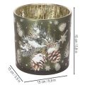 Windlicht Glas 15cm Grün Gold mit Tannenzapfen- und Schneeflockenmotiv | Floristik24.at