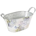 Floristik24 Blumenschale oval Metall mit Griffen 32×15×15cm Hortensien-Print Weiß Blau