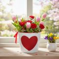 Blumentopf aus Metall mit rotem Herzmotiv Ø13cm H10,5cm Weiß | Floristik24.at