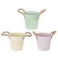 Floristik24 Deko-Topf 3er-Set Metall Ø15cm H13,5cm Rosa/Grün/Gelb mit Jute-Henkeln für Innen und Außen