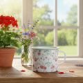 Pflanztasse Emaille Metall Weiß Ø9,5cm mit Rosenmotiv | Floristik24.at